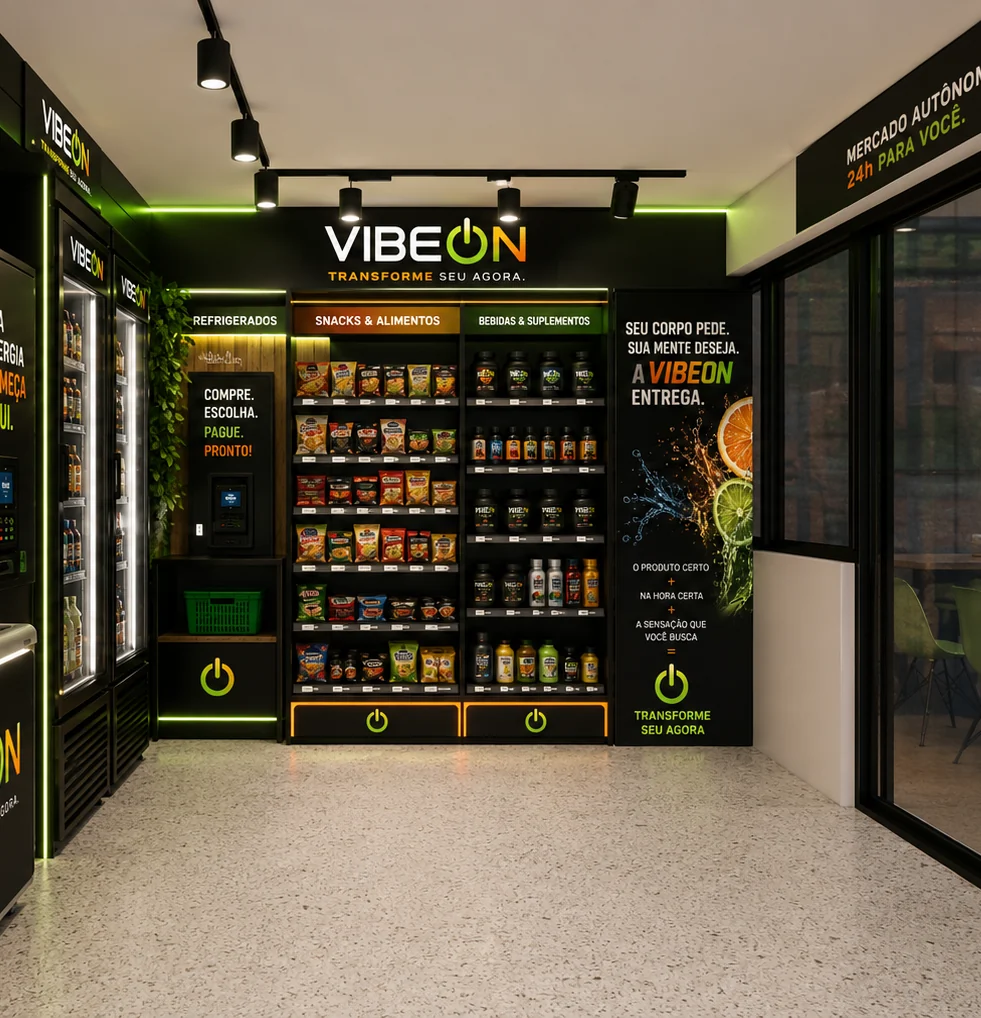 Business Market VIBEON com refrigerados, snacks, bebidas e autoatendimento